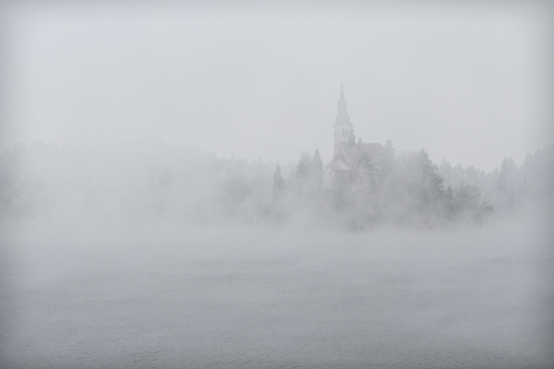 Lake Bled Cathedral in fog
