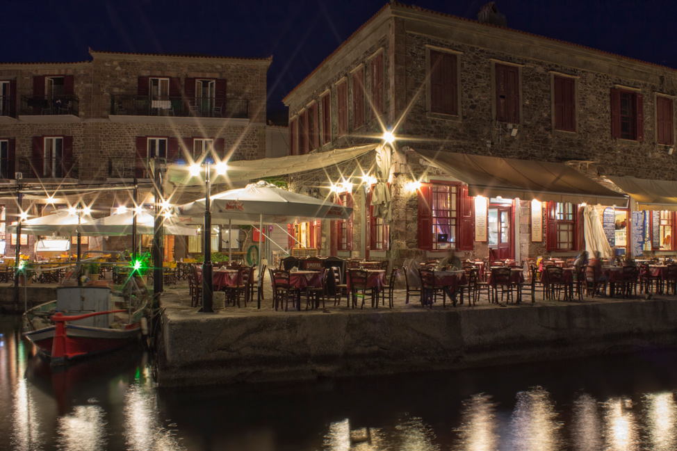 A common view, empty restaurants along the Molyvos waterfront.