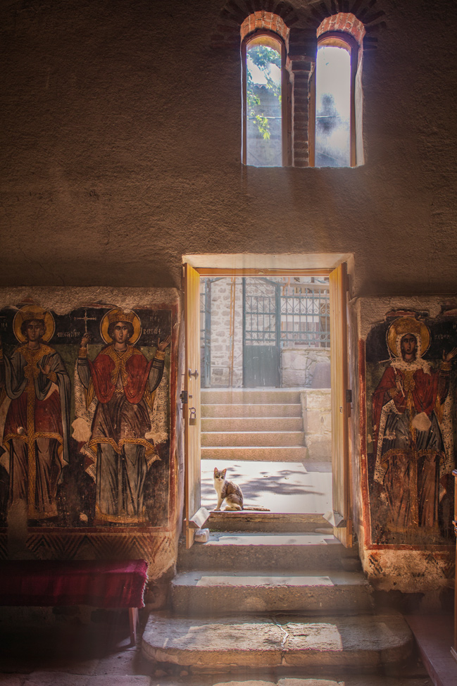  Pete just happened to poke his head into this, the St. Nicholas Church in Petra, and we ended up in there for a good long while. It had well-preserved frescoes, the latest dating back to the early 1700s. We were only disturbed by the meows of a wee hungry kitty.