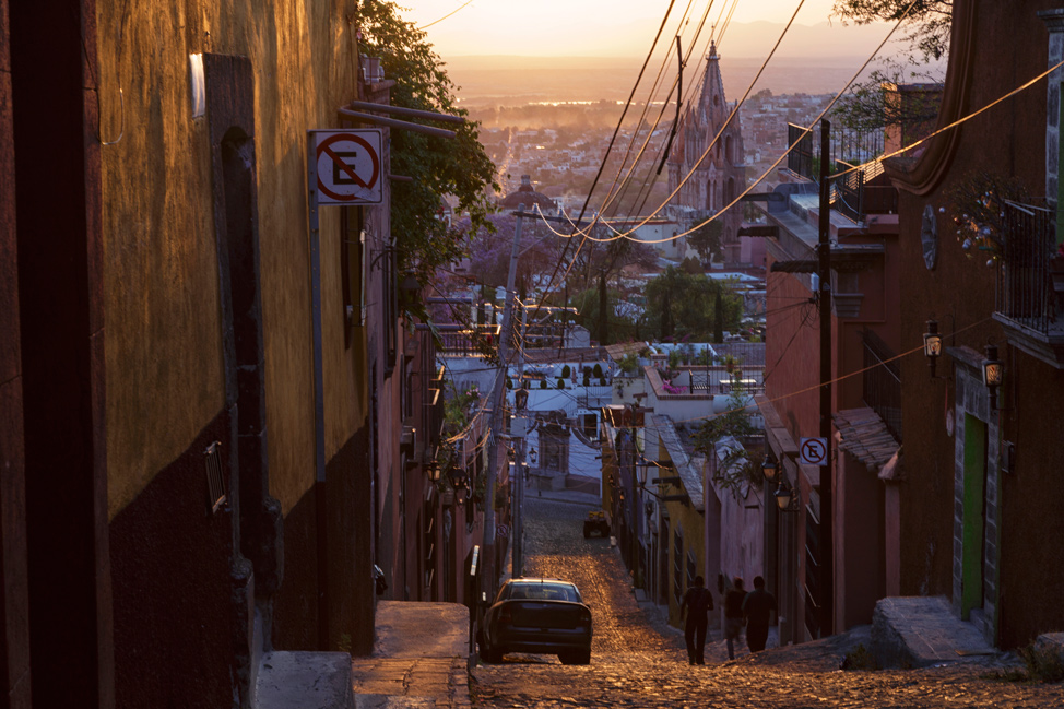 A sunset down a street in San Miguel