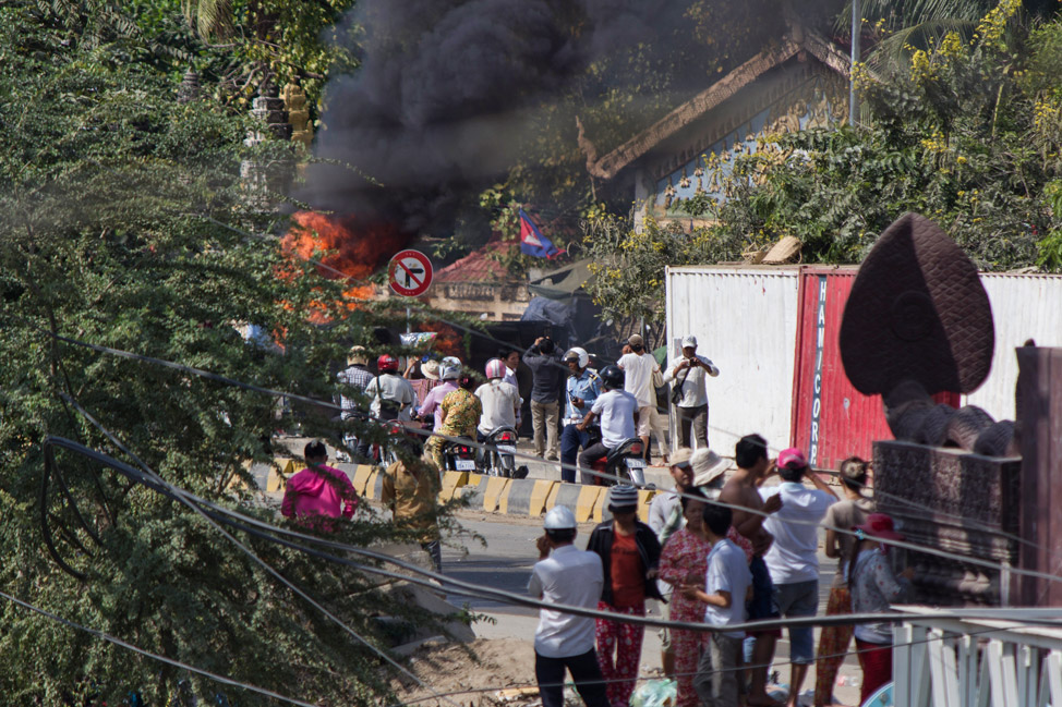 A burning police vehicle