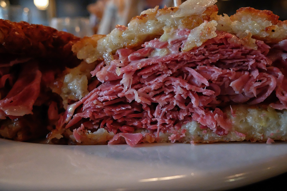 The most delicious thing we ate - a corned beef sandwich. Forget the bread - those are potato pancakes holding it all together. Devoured at Maccabees in Midtown.