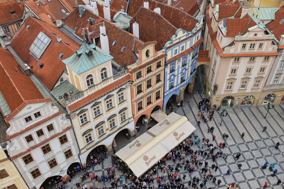 A view into the old-town of Prague from atop the Clock Tower