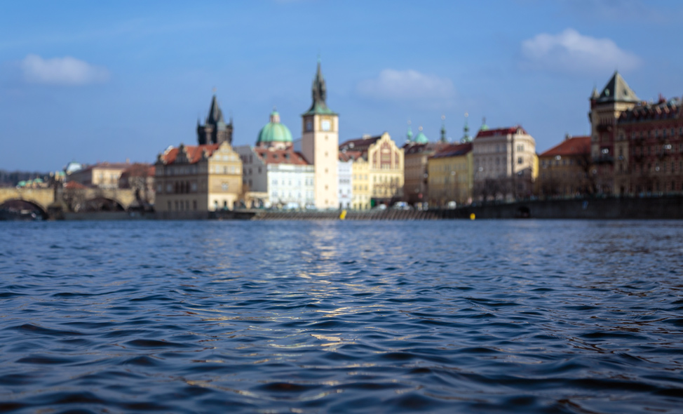 A water-level view on the Vlatava River in Prague, Czechia