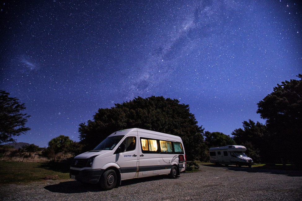 Freedom camping under the Milky Way in New Zealand.