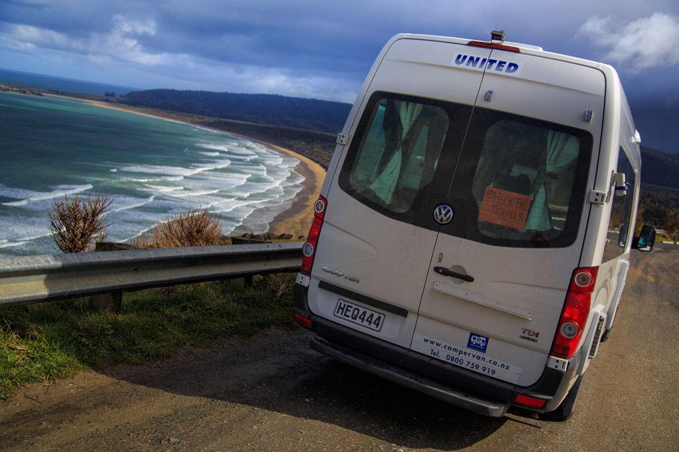 Having lunch in the campervan in New Zealand.