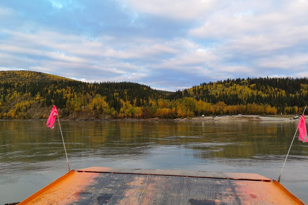 On the Dawson City Ferry to start our journey on the Top-of-the-World Highway