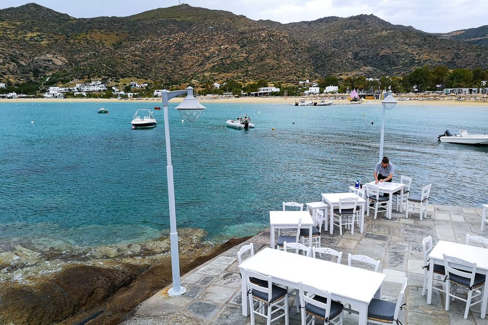 A restaurant on the edge of the bay in Ios, Greece