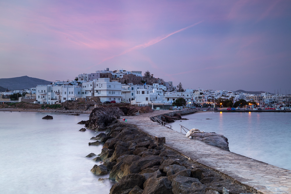 A pink and purple sky over Naxos during sunrise