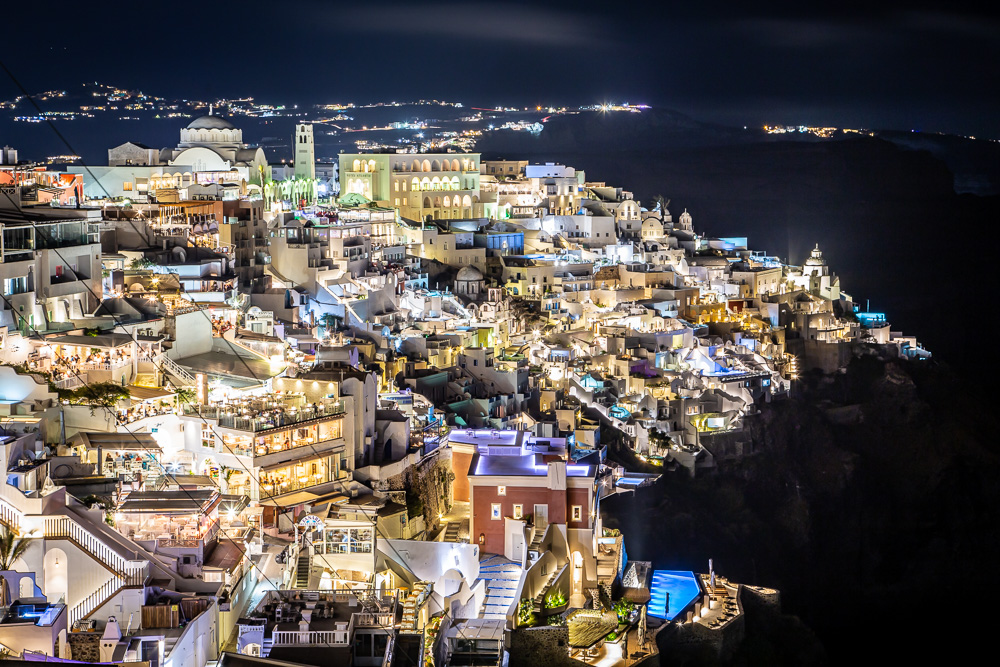 A view of Fira, Santorini at night