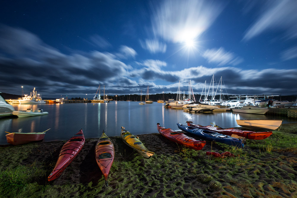 Kayak by moonlight in Baddeck, Nova Scotia