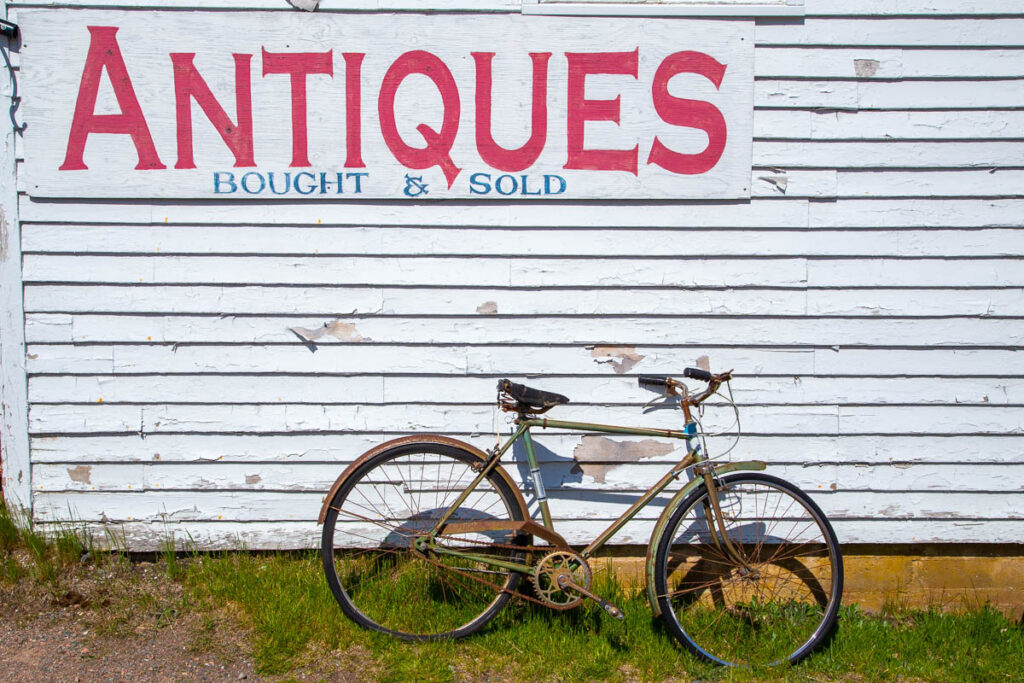 Great Village Antiques Shop with a bicycle outside