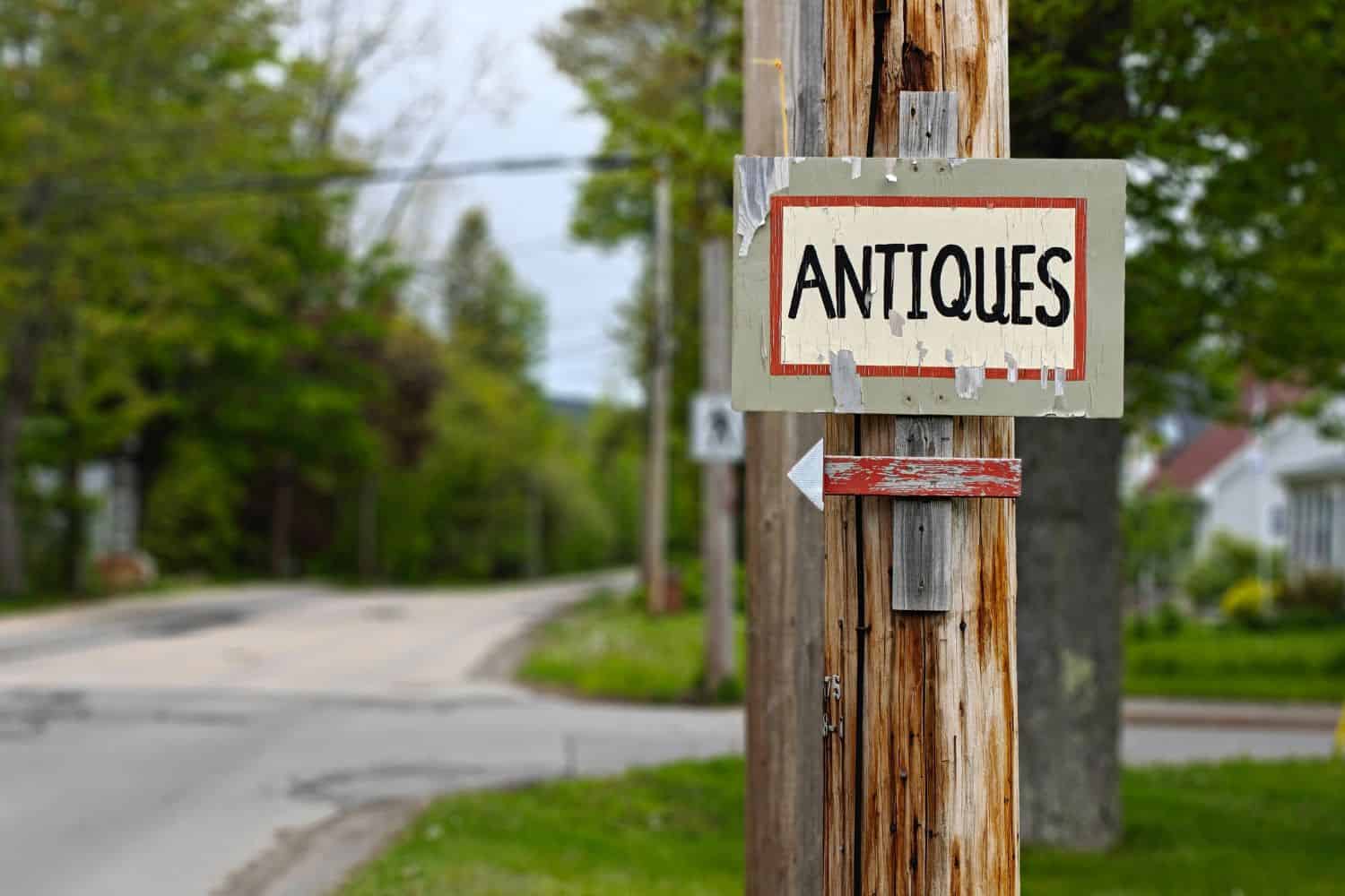 A sign post for antiques in the Annapolis Valley, Nova Scotia